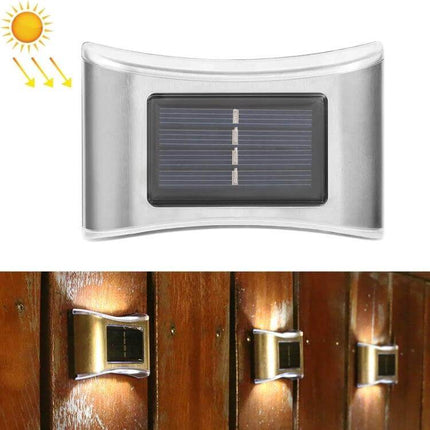 6 LED Solar Outdoor Garden Wall Lamp, Stainless Steel mounted on fence showing stainless finish, solar panel and three illuminated examples