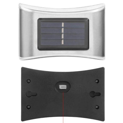6 LED Solar Outdoor Garden Wall Lamp, Stainless Steel front solar panel and back mounting view, stainless steel accents, IP65 outdoor light