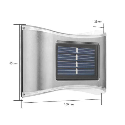 6 LED Solar Outdoor Garden Wall Lamp, Stainless Steel - compact 100x65x25mm solar wall light with 6 LEDs, stainless steel finish, ABS+PC housing, IP65
