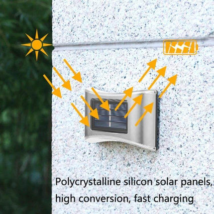 6 LED Solar Outdoor Garden Wall Lamp, Stainless Steel mounted on exterior wall showing solar panel charging and directional LED illumination