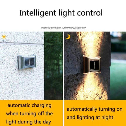 6 LED Solar Outdoor Garden Wall Lamp, Stainless Steel mounted on exterior wall showing automatic daylight charging and night illumination