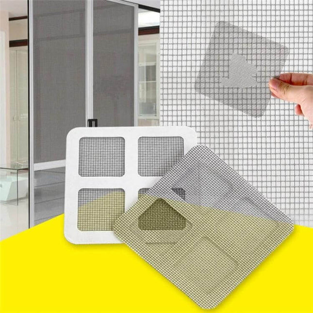 6 Pack Anti Insect Screen Repair Tape for Doors and Windows patch showing mesh squares being applied to window and door screens