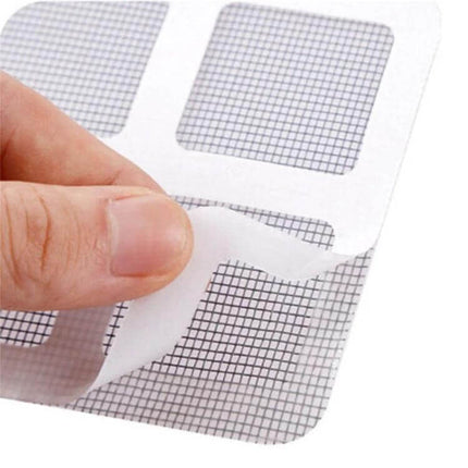 6 Pack Anti Insect Screen Repair Tape for Doors and Windows showing hand peeling adhesive mesh patch for torn window screen