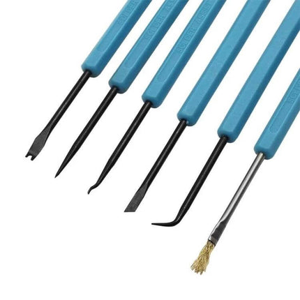 6-Piece Welding Auxiliary Tools Set For Circuit Board Repair - compact carbon steel PCB pick and scraper set with blue handles for precision cleaning