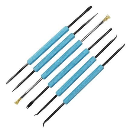 6-Piece Welding Auxiliary Tools Set For Circuit Board Repair - compact carbon steel PCB repair picks with blue handles for scraping, cleaning and hole maintenance