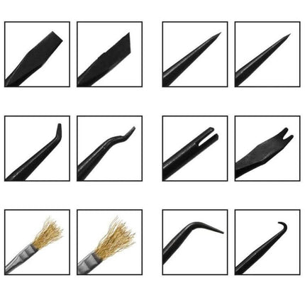 6-Piece Welding Auxiliary Tools Set For Circuit Board Repair - compact carbon steel black-finish PCB repair pry hooks scrapers brushes precision tools