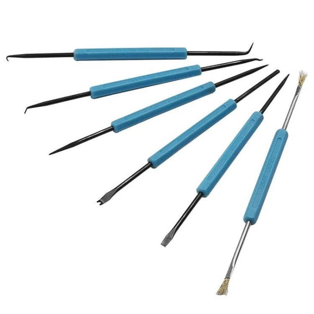 6-Piece Welding Auxiliary Tools Set For Circuit Board Repair - carbon steel blue-handled precision PCB scrapers, picks, brushes for soldering and hole maintenance