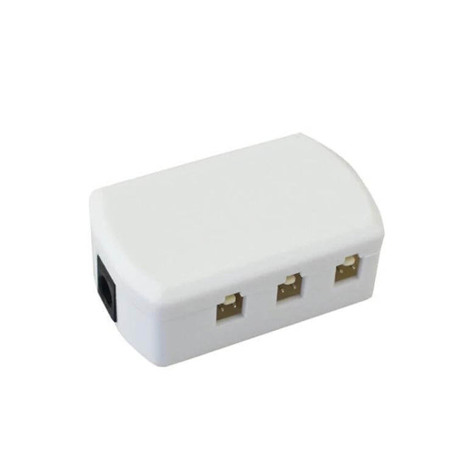 6-Port LED Hub Splitter for Cabinet Lights With DC Head compact white DC-powered 6-port splitter for under-cabinet LED lighting