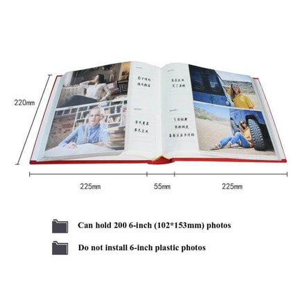 6-Inch Flannel Retro Photo Album For Storing Photos - open red suede-style cover showing pocket pages that hold 6-inch photos and caption side bar