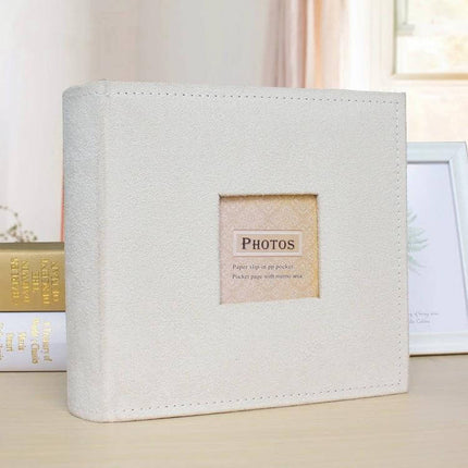 6-Inch Flannel Retro Photo Album For Storing Photos with cream suede-style cover, windowed front and pocket inserts for 4R/6-inch prints