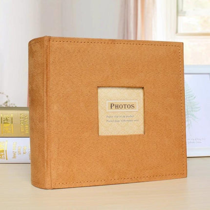 6-Inch Flannel Retro Photo Album For Storing Photos - suede-style tan fabric cover photo album with window, acid-free pockets for 4R prints