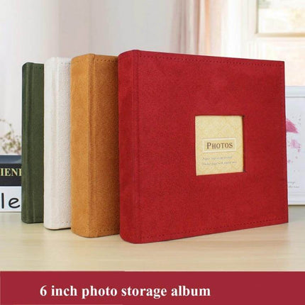 6-Inch Flannel Retro Photo Album For Storing Photos suede-style red flannel cover with window label and pocket inserts, holds 4R/6-inch prints