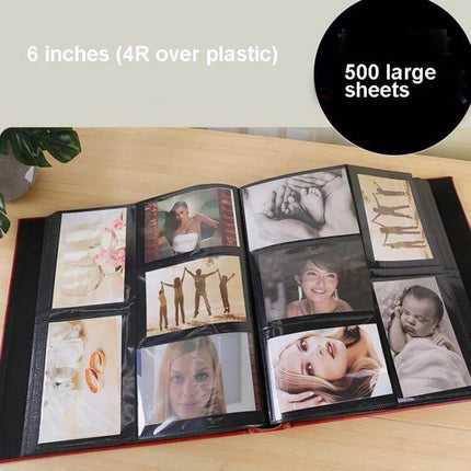 6-Inch PU Leather Photo Album With Bronzing Cover open displaying 4R photos, bamboo hot-stamped finish, holds up to 500 prints