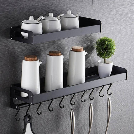 60cm Kitchen Wall Hanging Holder For Seasonings Black aluminum spice rack mounted with hooks holding bottles and utensils