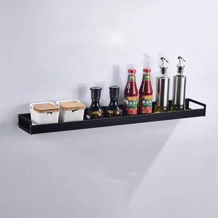 60cm Kitchen Wall Hanging Holder For Seasonings Black mounted with spice jars, sauce bottles and oil dispensers for organized countertop-free storage