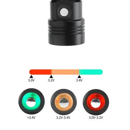 60m Depth Underwater Diving Headlamp For Photography showing battery voltage indicator colors and anodized aluminum lamp head