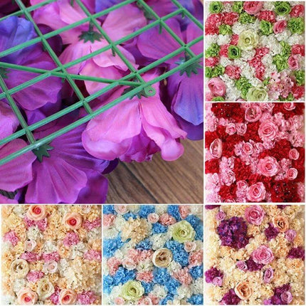 60x40cm Silk Flower Wall Backdrop for Weddings and Photos - realistic silk flower panel collage showing pink, red, cream and mixed floral arrangements