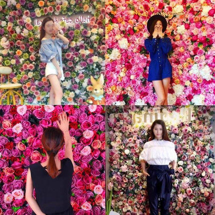 60x40cm Silk Flower Wall Backdrop for Weddings and Photos showing four models posing against vibrant silk floral walls in different color schemes