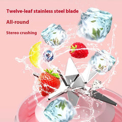 Twelve-leaf stainless steel blade of rechargeable portable juice blender with ice, strawberry, and splash design