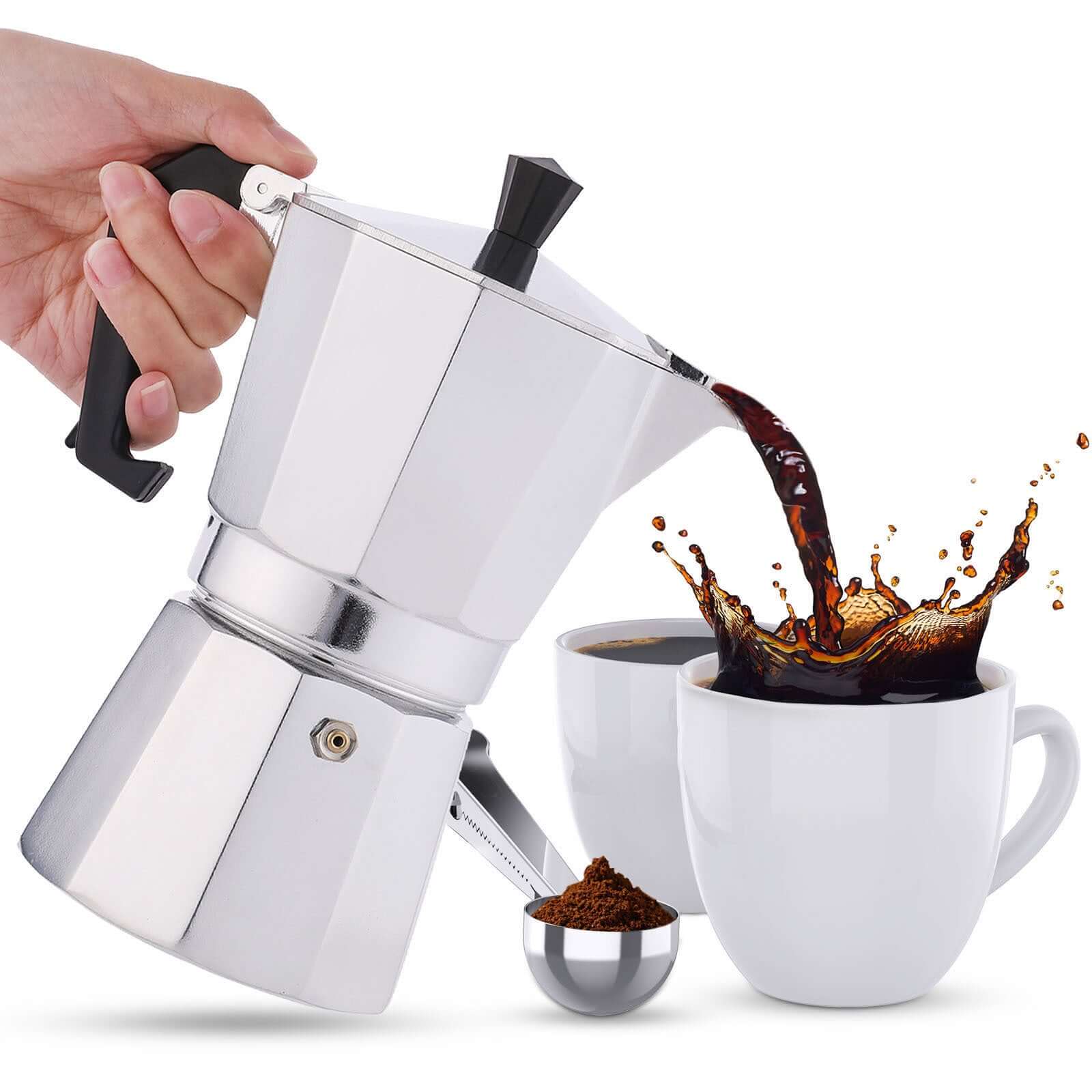 Pouring coffee from RAINBEAN 3-Cup Stovetop Moka Pot Espresso Maker into white cups - Italian coffee brewer for lattes, mochas, cappuccinos, and macchiatos.