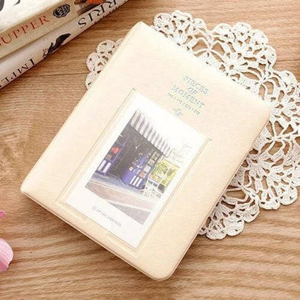 64-Pocket Instax Mini Photo Album For Your Memories beige album with front photo slot on doily, holds 64 Instax Mini prints