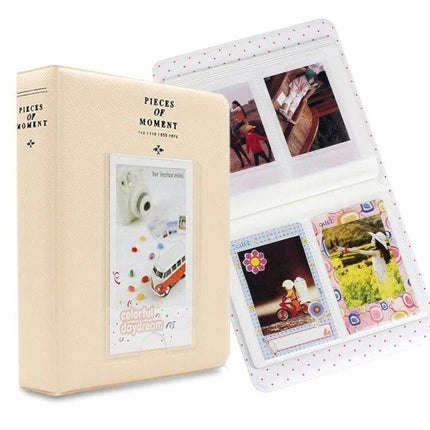 64-Pocket Instax Mini Photo Album For Your Memories in cream with front display slot and open pages showing decorated Instax Mini prints