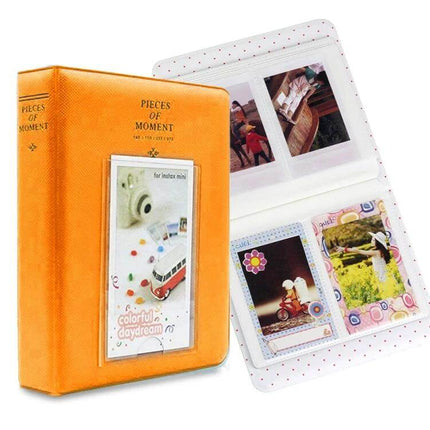 64-Pocket Instax Mini Photo Album For Your Memories - orange cover with front photo slot and open pages showing organized Instax mini prints