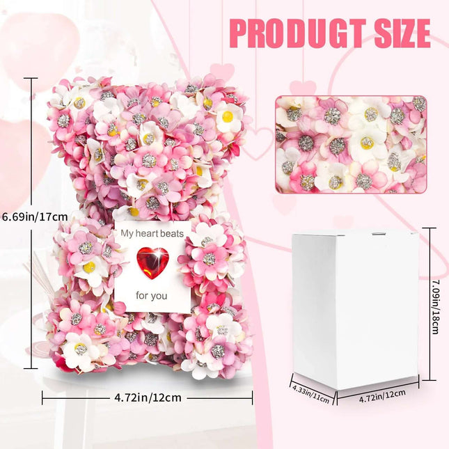 Handmade Pink Artificial Rose Bear for Valentine's Gift — 17cm pink flower bear with white accents, decorative heart card, boxed present