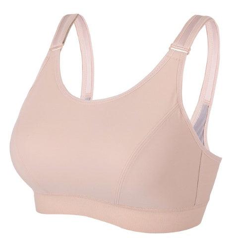 High-performance women's sports bra for running with full-cup design, thin section, and support for larger busts in beige color.