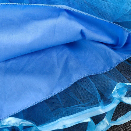 Lightweight Cotton Girls' Princess Dress for Spring and Summer Wear, Ages 3-8 blue tulle hem close-up, size chart for ages 3-8