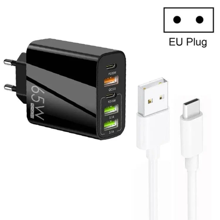 65W Dual PD Type-C 3 x USB Multi Port Charger EU Plug