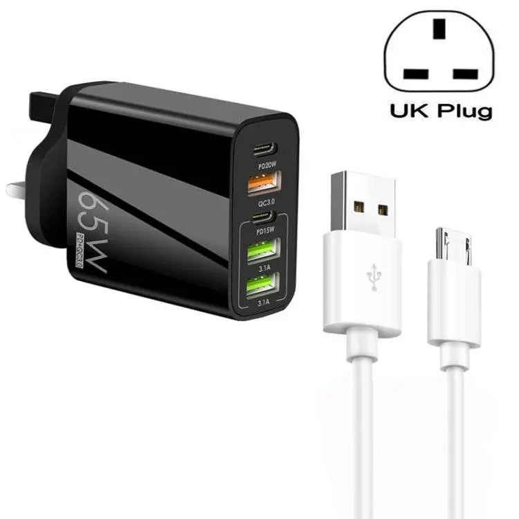 65W Dual PD Type-C 3 x USB Multi Port Charger UK Plug