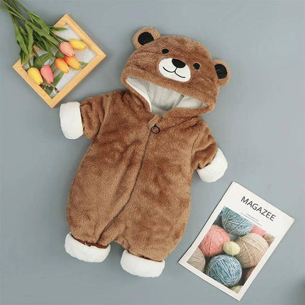 Comfortable Cotton Onesie with Hood for Winter Babies Aged 0-2 Years - brown bear hooded cotton romper for newborns