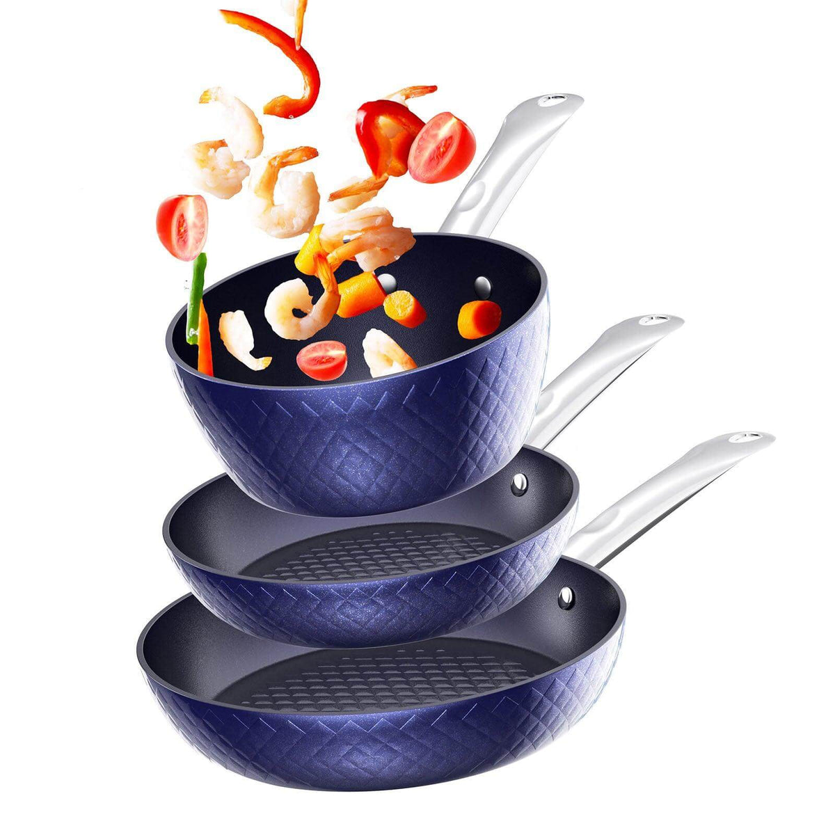 Non-Stick 3-Piece Blue Diamond Frying Pan Set with Saucepan