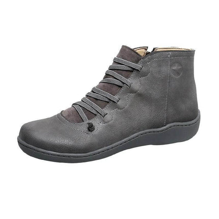 Women's Casual High Top Short Boots With Low Heel Round Toe in gray PU with side zipper and low heel for city commuting