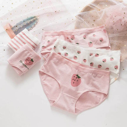 Comfortable Cotton Underwear for Girls with Strawberry Design - breathable pink cotton briefs set with strawberry prints, middle-waisted for everyday play
