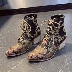 Embroidered Satin Ankle Boots with High Chunky Heels in black with ethnic patterns