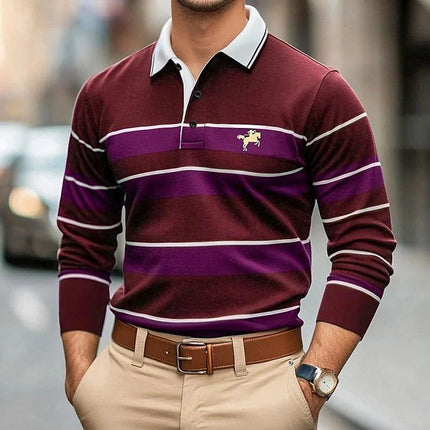 Casual Men's Digital Print Long-Sleeve Polo Neck Top in burgundy striped slim fit on model