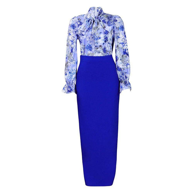 Printed Elegant Women's Lace-Up Shirt and Skirt Set in blue floral print polyester, long sleeves, professional everyday wear