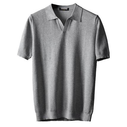 Men's Cotton V-Neck Short Sleeve Lapel Top for Everyday Wear - grey breathable cotton casual polo-style tee