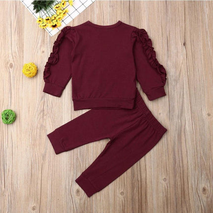 Infant Boys and Girls Long Sleeve 2-Piece Fall Outfit Set burgundy cotton sweatshirt with ruffled sleeves and matching pants for cozy play