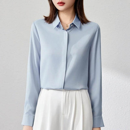 Elegant Satin Long Sleeve Top for Women's Office Wear - light blue satin shirt sleeve blouse with stitch button detail, styled with white trousers
