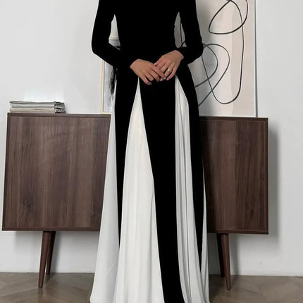 Black And White Patchwork Long Sleeve Maxi Dress For Wedding