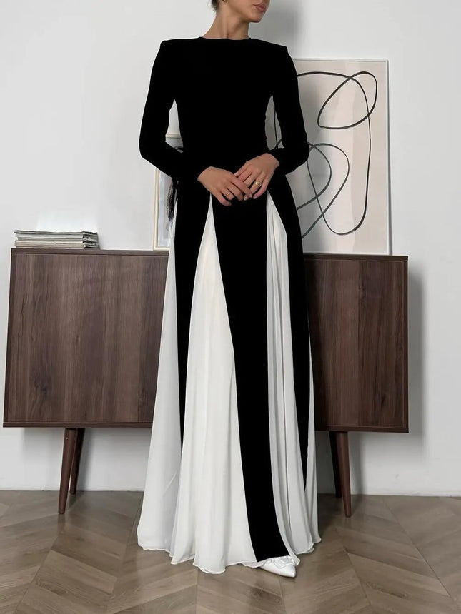 Black And White Patchwork Long Sleeve Maxi Dress For Wedding