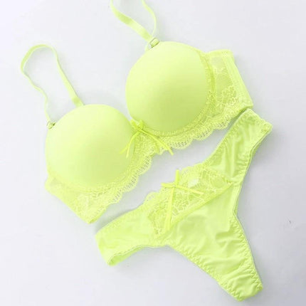 Soft Lace Push Up Bra Set for Everyday Comfort in neon yellow lace push-up bra and matching thong set