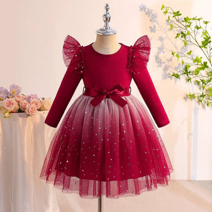 Gradient Multicolor Girls Long-Sleeve Tulle Dress with Waist Belt in burgundy for girls aged 3-10, polyester-cotton casual summer party dress