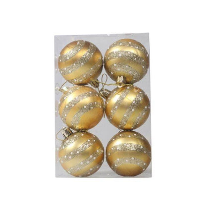 6cm Painted Christmas Ball Ornaments For Tree Decor - set of six gold hand-painted 6 cm plastic baubles with glitter stripe pattern for indoor holiday trees