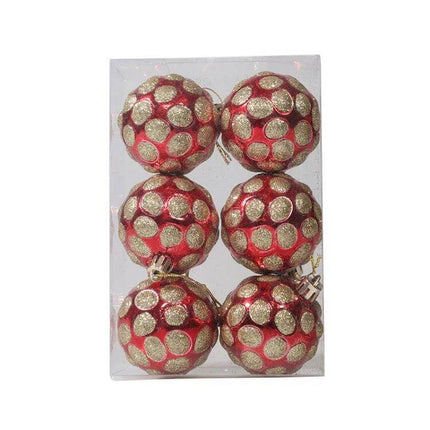6cm Painted Christmas Ball Ornaments For Tree Decor - set of six red plastic hand-painted 6 cm baubles with gold glitter polka dot pattern for holiday trees