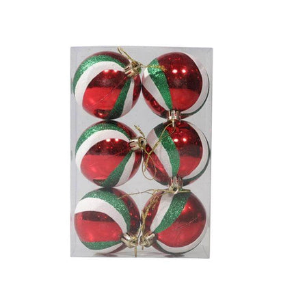 6cm Painted Christmas Ball Ornaments For Tree Decor - set of six red, green and white hand-painted plastic baubles for indoor tree decorations