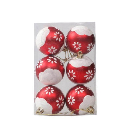 6cm Painted Christmas Ball Ornaments For Tree Decor - set of six red hand-painted 6 cm plastic baubles with white floral pattern for indoor holiday trees